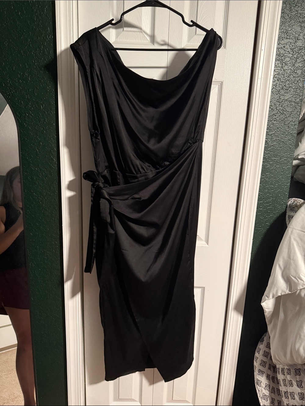 Elegant Black Draped Satin Dress with Side Tie